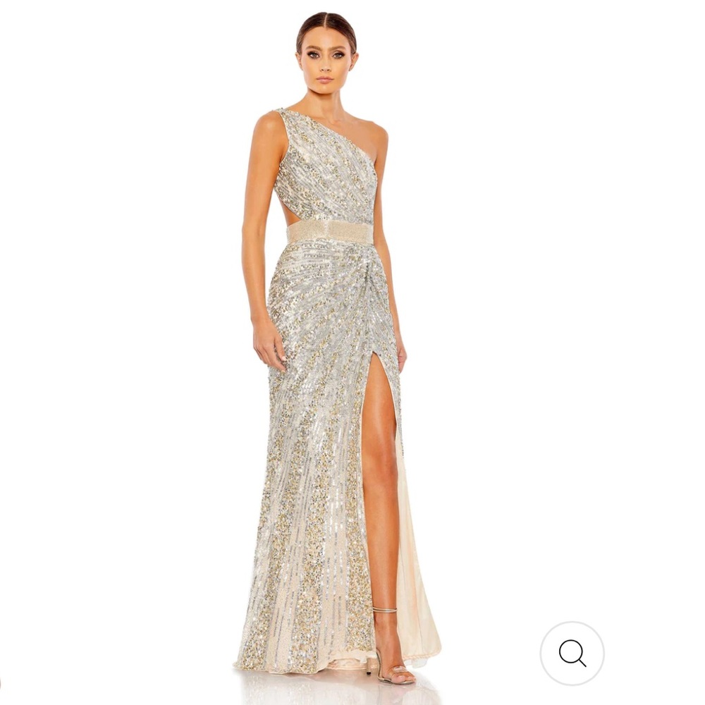 Mac Duggal Silver and Cream One-Shoulder Maxi Dress